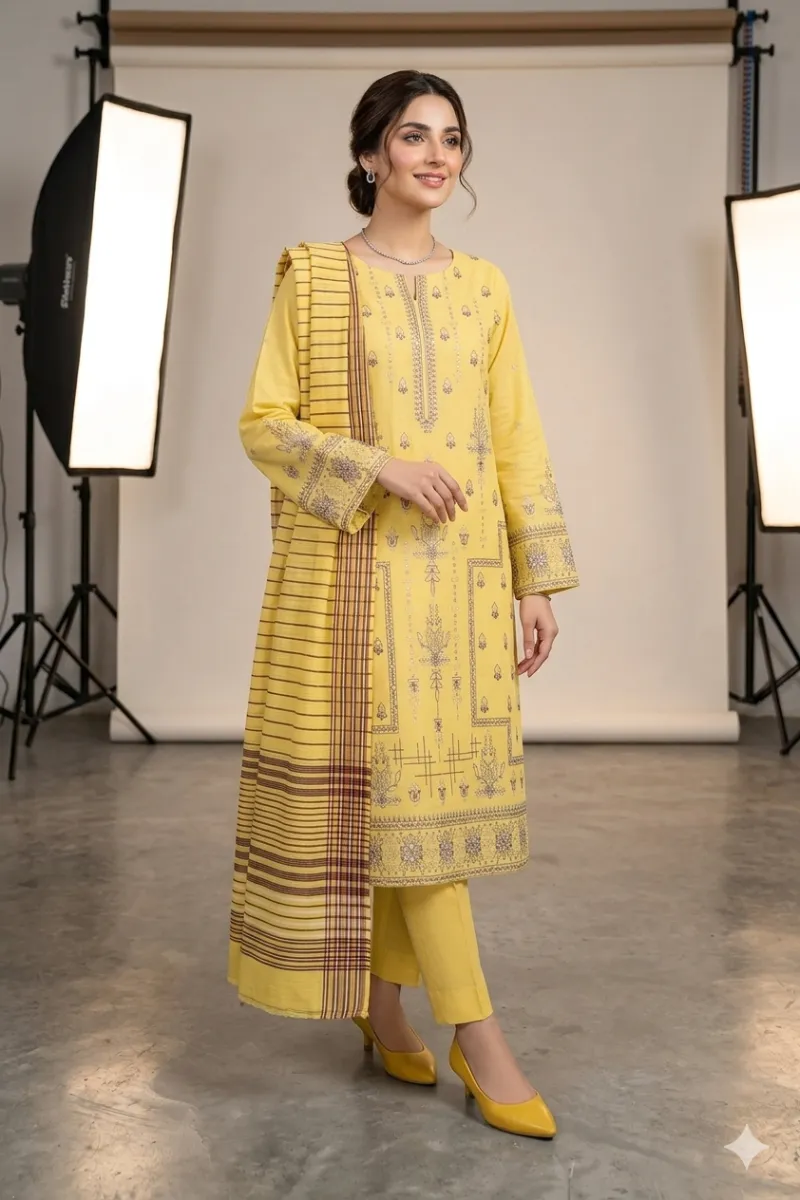 dar al fashion casual wear 3 piece cotton dupatta gala daman embroidered