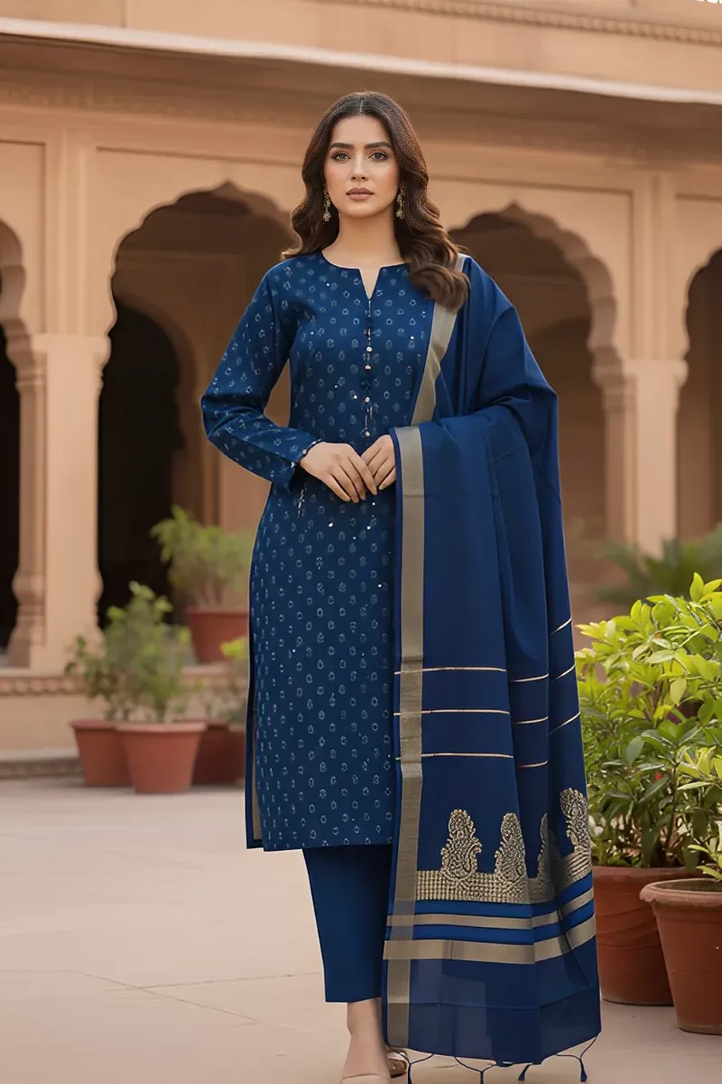 dar al fashion casual wear 3 piece jacquard dupatta front back embroidered