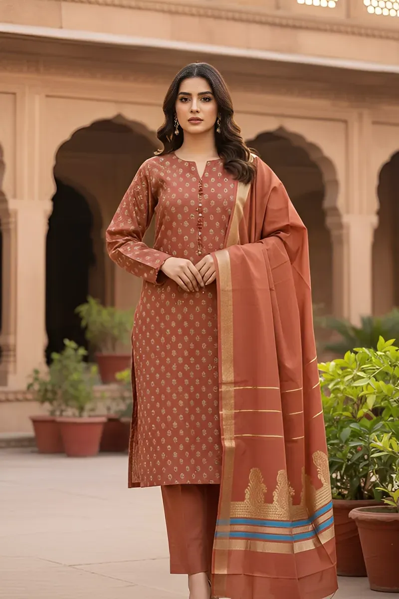 dar al fashion casual wear 3 piece jacquard dupatta front back embroidered