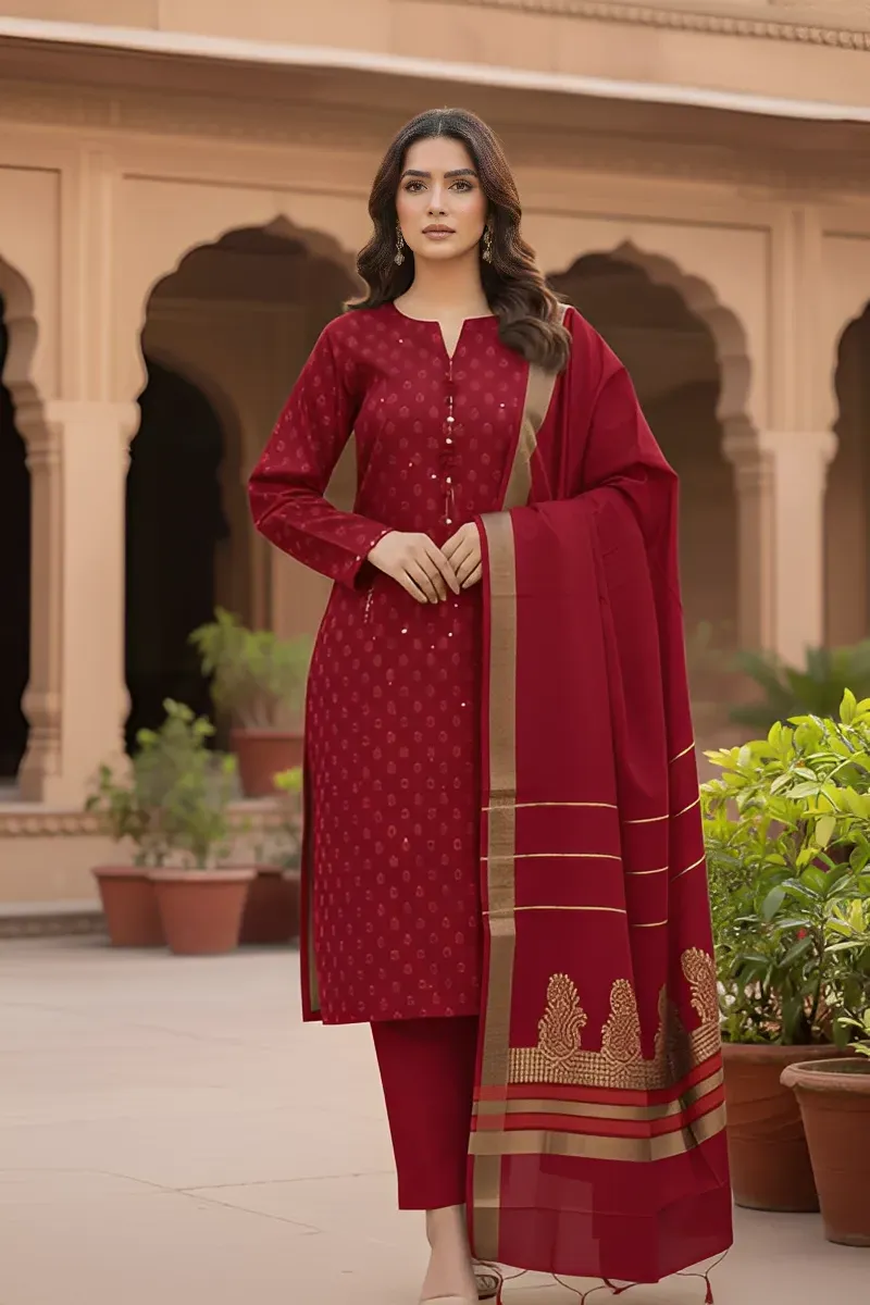 dar al fashion casual wear 3 piece jacquard dupatta front back embroidered