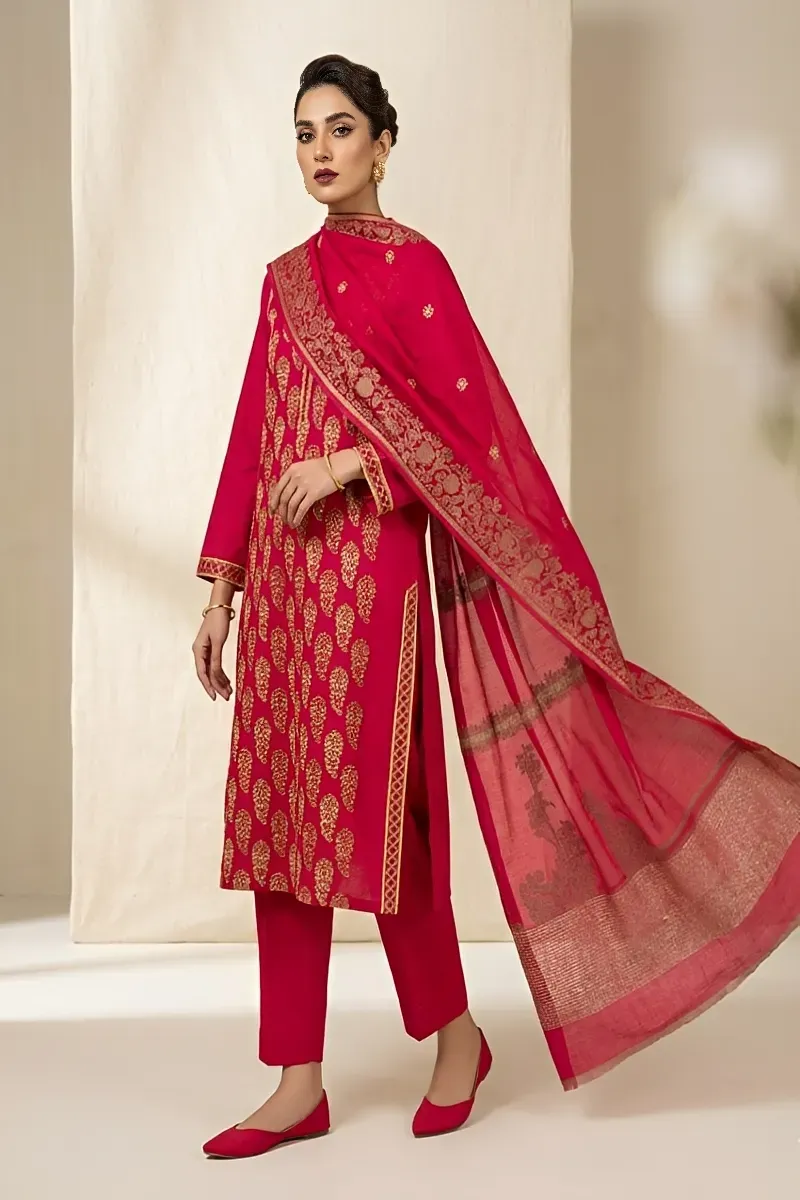 dar al fashion casual wear 3 piece jacquard dupatta gala daman embroidered