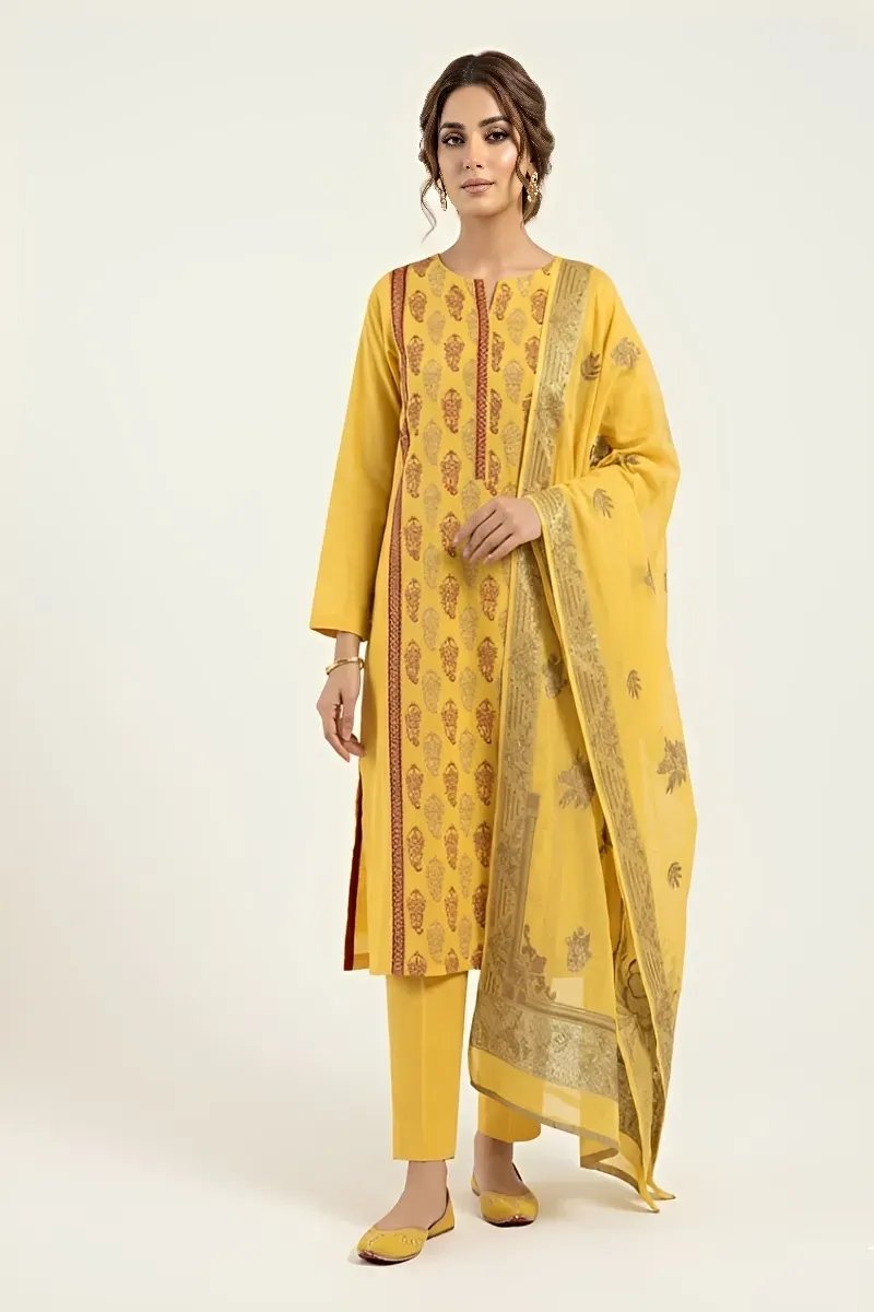 dar al fashion casual wear 3 piece jacquard dupatta gala daman embroidered