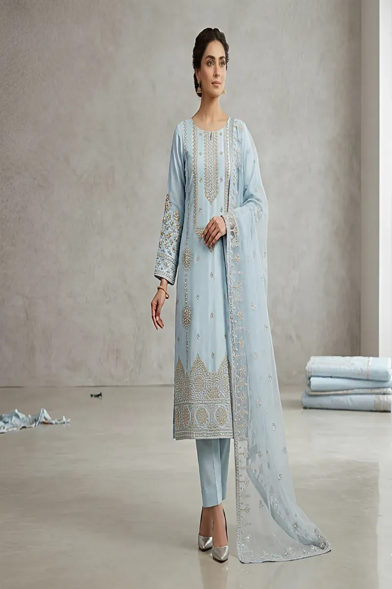 dar al fashion party wear 3 piece net dupatta gala daman embroidered