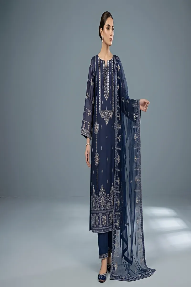 dar al fashion party wear 3 piece net dupatta gala daman embroidered