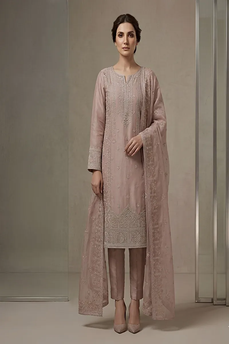 dar al fashion party wear 3 piece net dupatta gala daman embroidered