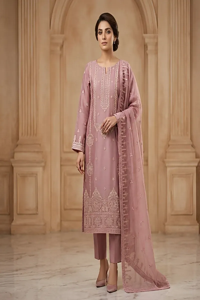 dar al fashion party wear 3 piece net dupatta gala daman embroidered