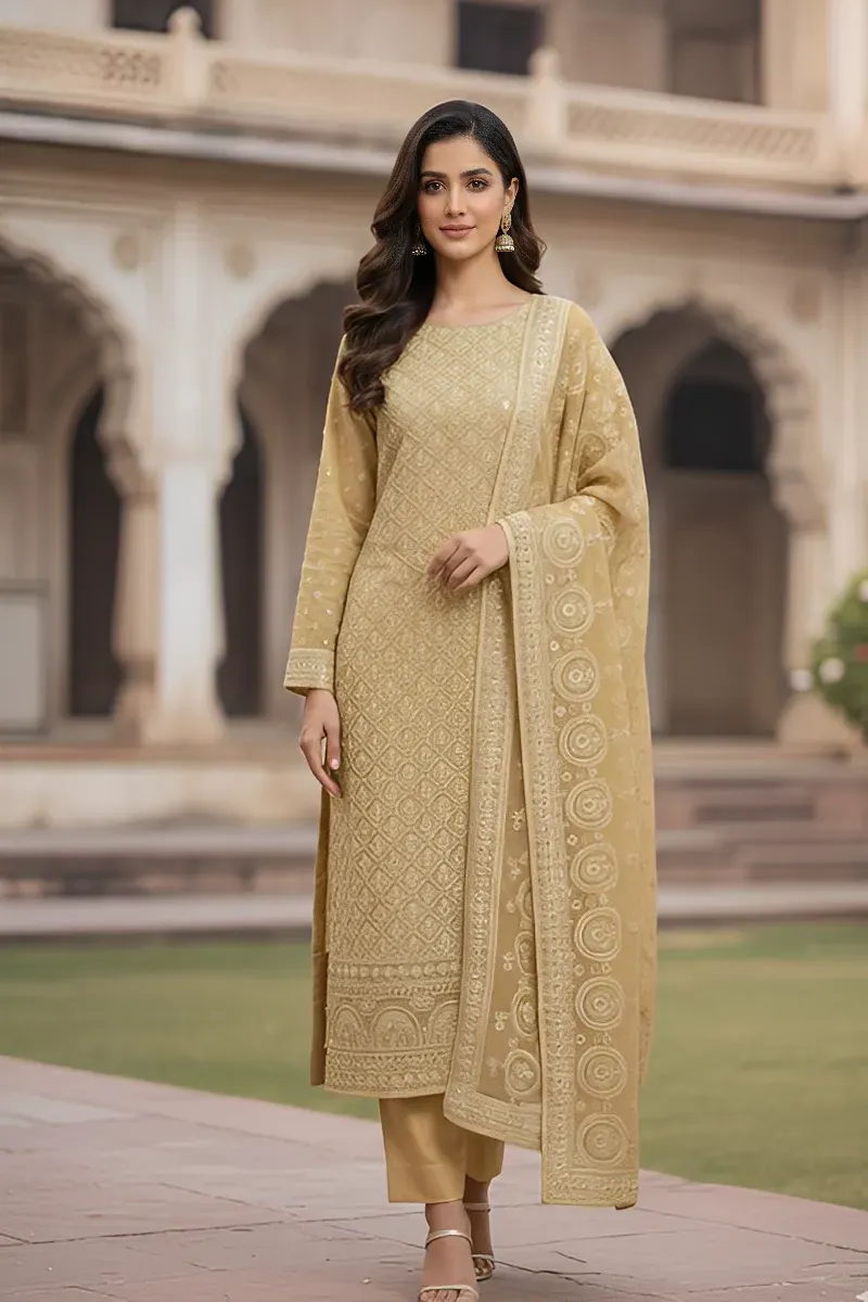 dar al fashion party wear 3 piece net dupatta front back embroidered