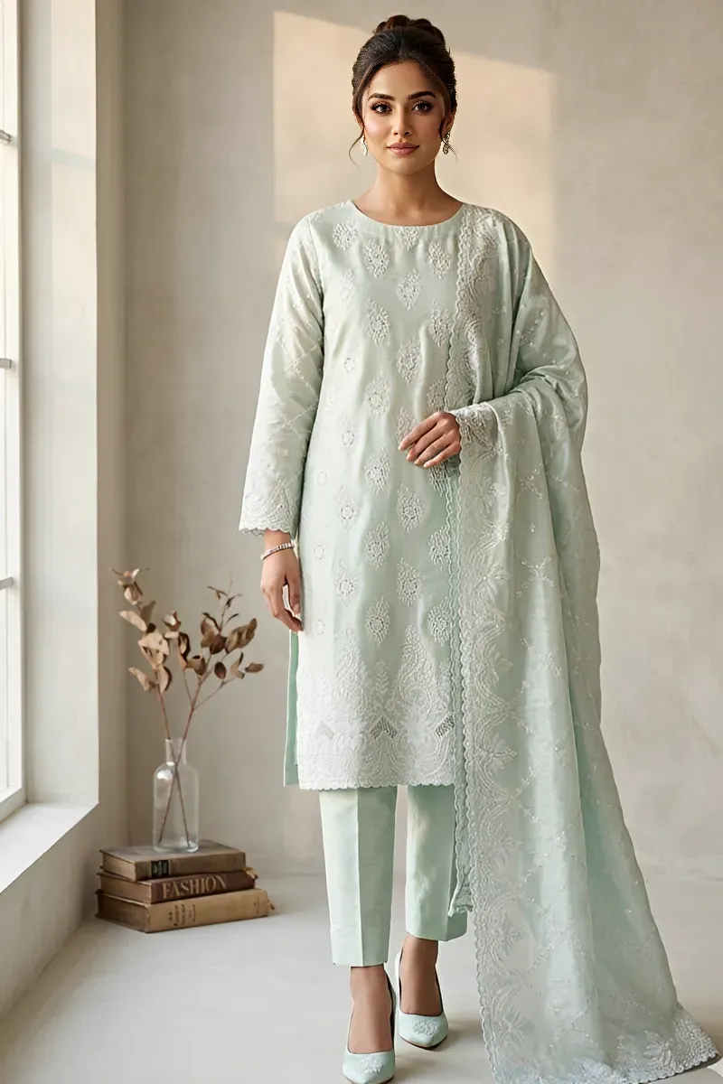 dar al fashion party wear 3 piece silk dupatta front back embroidered