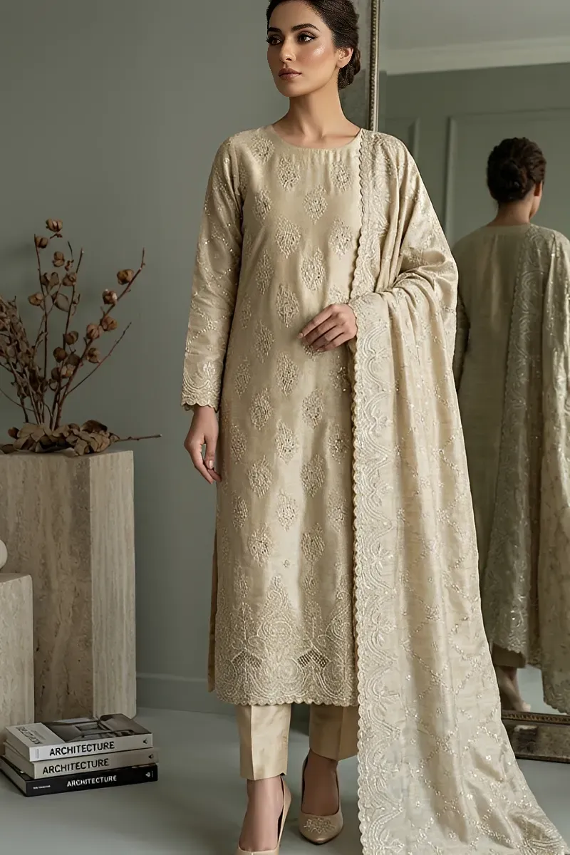 dar al fashion party wear 3 piece silk dupatta front back embroidered