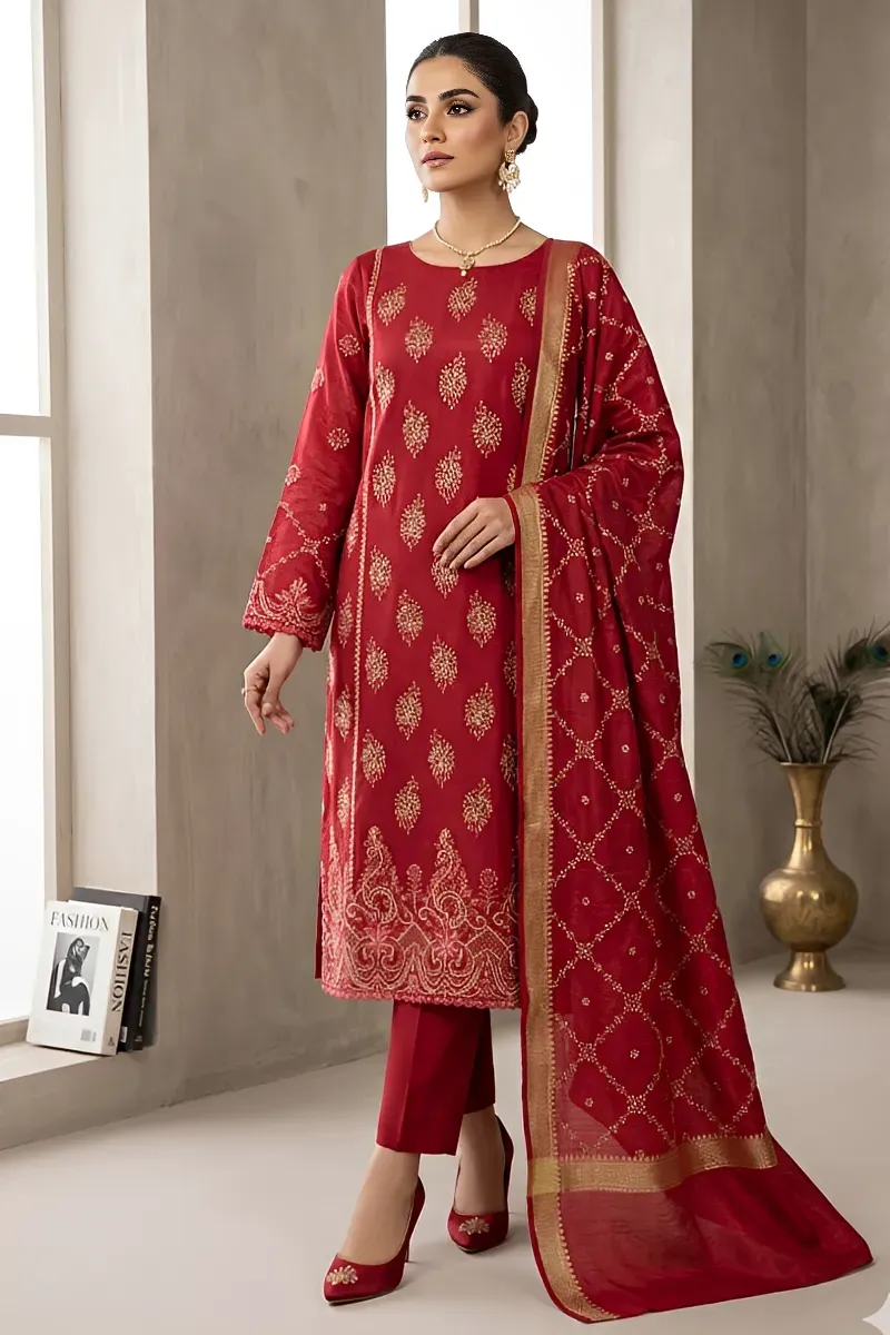 dar al fashion party wear 3 piece silk dupatta front back embroidered