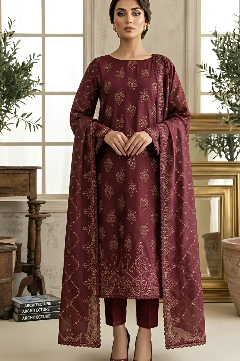 dar al fashion party wear 3 piece silk dupatta front back embroidered